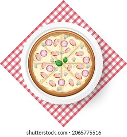 Top view of cheese pizza on tablecloth illustration