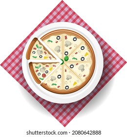 Top view of cheese pizza on tablecloth illustration