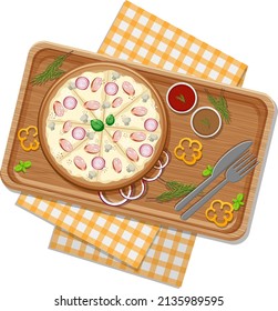 Top view of cheese pizza on a wooden tray illustration