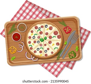 Top view of cheese pizza on a wooden tray illustration