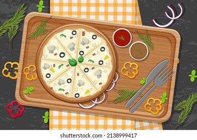 Top view of cheese pizza on a wooden tray illustration