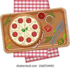 Top view of cheese pizza on a wooden tray illustration
