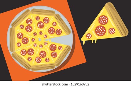 Top view : Cheese Pizza with pepperoni topping on plate. Flat design vector.