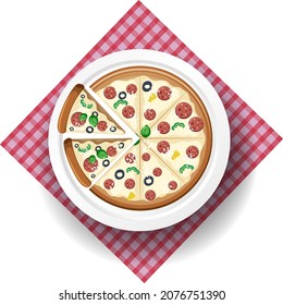 Top view of cheese salami pizza on tablecloth illustration