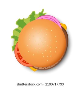 Top view of cheeseburger isolated on white background, vector illustration