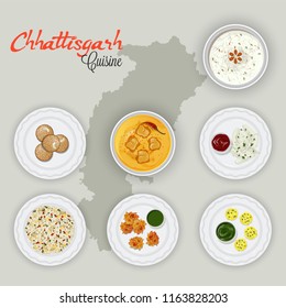 Top view of Chhattisgarh cuisines on state map background.