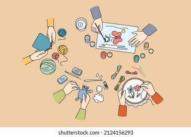 Top view of children drawing, embroidery or knitting class. Kids engaged in creative art workshops on weekend. Educational or artistic lessons for child. Flat vector illustration. 