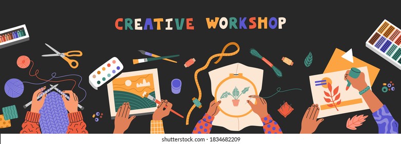 Top view of children drawing hands, stitching, knitting and cutting colored paper. Creative workshop for kids, education. Template of horizontal banner. Hand drawn illustration in flat cartoon style