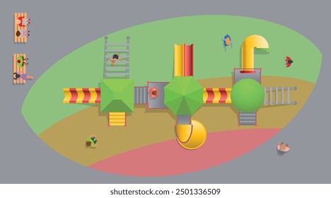 Vista superior de un colorido parque infantil al aire libre, toboganes, escaleras, casa, columpios, laberintos, niños, padres sentados en un banco. Ilustración vectorial. Vista desde arriba