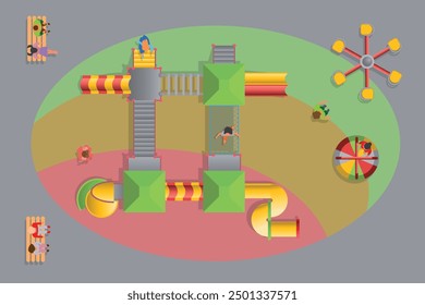 Top view of a children's colourful outdoor playground, slides, stairs, house, swings, carousels, mazes, children, parents sitting on a bench. Vector illustration. View from above