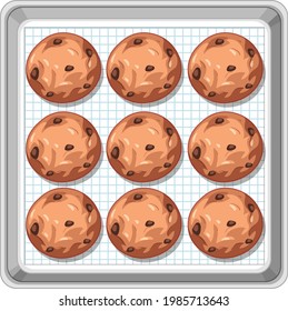 Top view of chocolate chip cookies on tray illustration