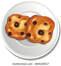 Top view of chocolate chip cookies in plate sticker on white background illustration