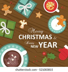 top view of Christmas celebration table. vector illustration