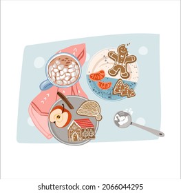 Top view christmas composition with gingerbreads on a plate and hot cocoa on a napkin. Cute holiday bakery on a blue background. Christmas preparing. Vector illustration.