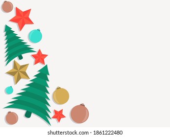 Top view of Christmas decorations with copy space. Christmas Ball Ornaments on white background. Festive background for greeting cards and invitations. Vector illustration