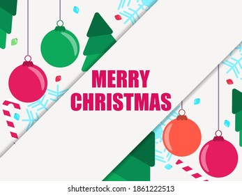 Top Aussicht auf Weihnachtsdekorationen mit Kopienraum. Weihnachtsball-Ornamente und Schneeflocken. Festlicher Hintergrund für Grußkarten und Einladungen. Vektorgrafik