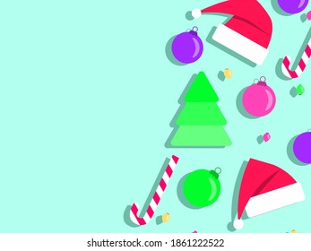 Top view of Christmas decorations with copy space. Christmas Ball Ornaments and Santa hat with candies on blue background. Festive background for greeting cards and invitations. Vector illustration