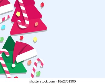 Vista superior de las decoraciones navideñas con espacio de copia. Ornamentos de bola de Navidad y sombrero de Santa con caramelos de fondo blanco. Fondo festivo para tarjetas de felicitación e invitaciones. Ilustración del vector