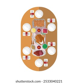 Top view christmas dinner table with tranditional feast