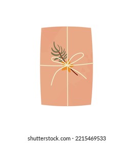 Top view Christmas gift in kraft paper with star and spruce branch. Cute present in craft wrapping flat vector illustration isolated on white background.