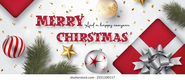 Top view of Christmas greeting card and poster celebrated with Christmas object decorated, wording of event on golden gritter and white background. 