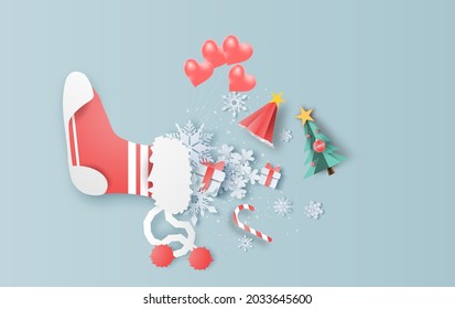 Top view of Christmas red sock decoration with white snowflakes. Graphic design for Christmas and winter. 
Minimal cover sweet pastel. paper cut and paper craft design. Happy new year Winter season.