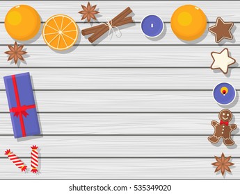 Top View of Christmas Still Life. Vector Flat Illustration,