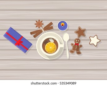 Top View of Christmas Still Life. Vector Flat Illustration,