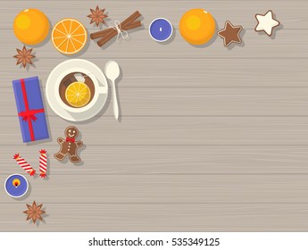 Top View of Christmas Still Life. Vector Flat Illustration,