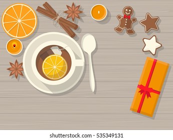 Top View of Christmas Still Life. Vector Flat Illustration,