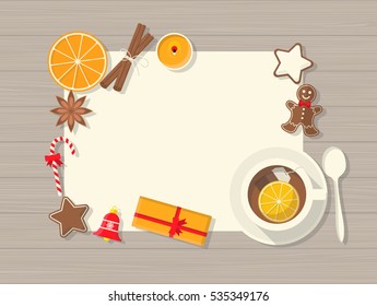 Top View of Christmas Still Life. Vector Flat Illustration,