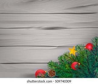 Top view of Christmas tree and ornament on plank wooden with copy space. Concept design for greeting card to celebrate new year season in vector illustration