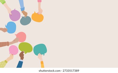Top view circle of diverse hands holding colorful speech bubbles, symbolizing open dialogue, inclusion, and equal voices in community.