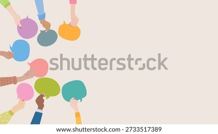 Top view circle of diverse hands holding colorful speech bubbles, symbolizing open dialogue, inclusion, and equal voices in community.