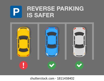 Top View Of A City Car Parking Lot. Reverse Parking Is Safer. Flat Vector Illustration Template.