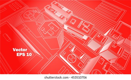 top view city center red background white outline schematic building vector illustration