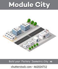 Top view of the city and the construction industry with isometric factories, mills, boilers and warehouses.