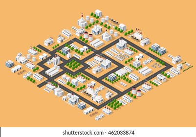 Vista superior de la industria de construcción de la ciudad y con fábricas, molinos, calderas y almacenes isométricos.
