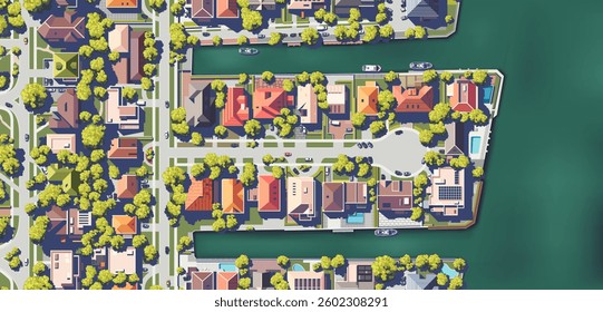 Top view of the city with different houses, buildings, yards. Roads with cars. River, pier with ships and boats. Vector illustration eps10. Realistic landscape. Cartoon flat style. View from above.