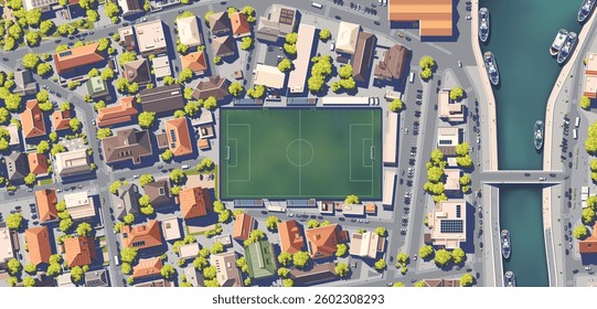 Top view of the city with different houses, buildings, yards. Roads with cars. River, pier with ships and boats. Vector illustration eps10. Realistic landscape. Cartoon flat style. View from above.
