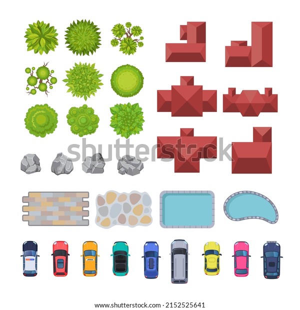 Top view of city elements for scheme vector\
illustrations set. Aerial view of cars, houses, trees, plants,\
street or park elements for cityscape plan or map. Landscape\
design, architecture\
concept