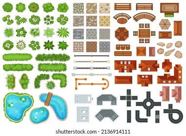 Top view city elements, trees, roads, buildings, houses, pavements. Town street architecture, furniture, plants for park landscape vector set. Outdoor items for city plan, yard project