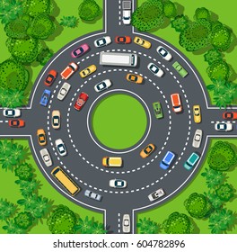 Top View Of City Map. Crossroads Of Urban Streets With  Automobile And A Lot Of Cars With Traffic Jam Congestion