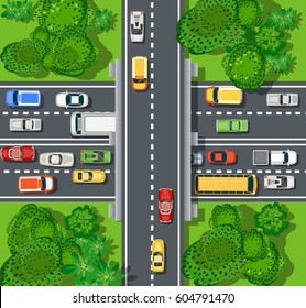 Top View Of City Map. Crossroads Of Urban Streets With   Automobile And A Lot Of Cars With Traffic Jam Congestion