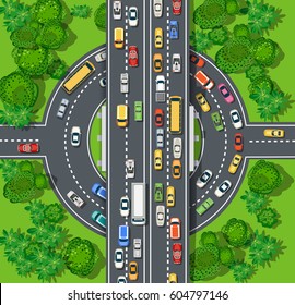 Top View Of City Map. Crossroads Of Urban Streets With   Automobile And A Lot Of Cars With Traffic Jam Congestion