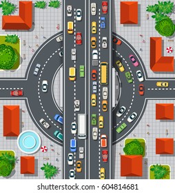 Top View Of City Map. Crossroads Of Urban Streets With  Automobile And A Lot Of Cars With Traffic Jam Congestion