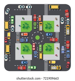 Top View Of City Map. Crossroads Of Urban Streets With Traffic Automobile And A Lot Of Cars With  Jam Congestion