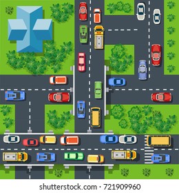 Top View Of City Map. Crossroads Of Urban Streets With Traffic Automobile And A Lot Of Cars With  Jam Congestion