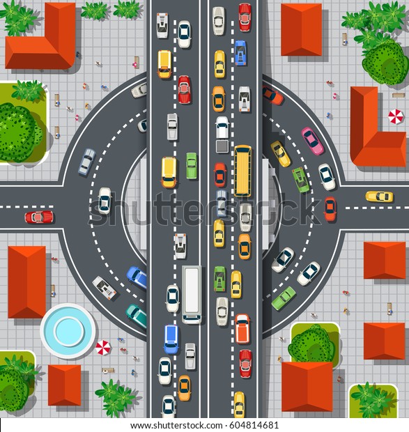 Top view of\
city map. Crossroads of urban streets with  automobile and a lot of\
cars with traffic jam\
congestion
