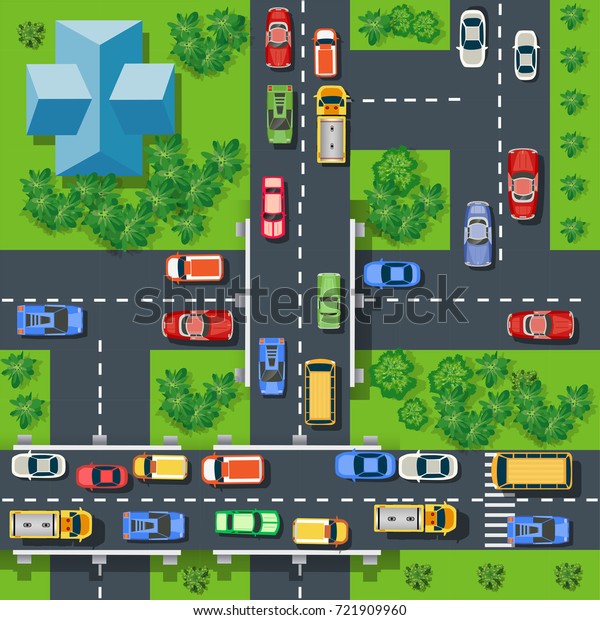 Top\
view of city map. Crossroads of urban streets with traffic\
automobile and a lot of cars with  jam\
congestion